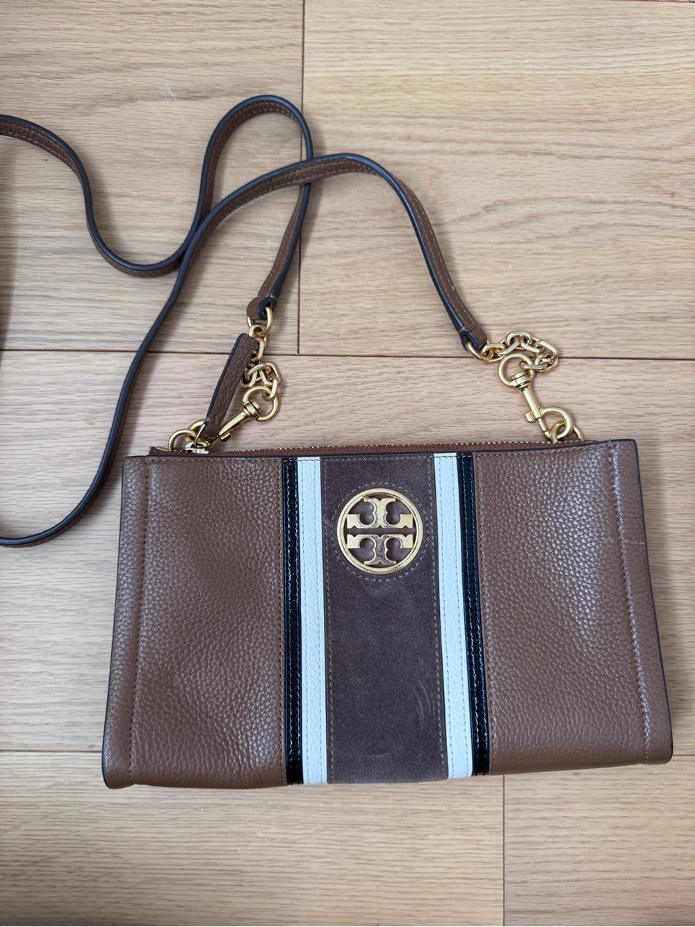 Tory Burch Carson Brown Leather Crossbody with White and Black Stripe